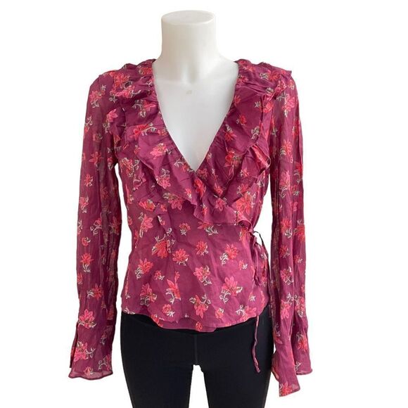 Free People Amanda Ruffle Top Sultry Combo floral wrap blouse size XS new - Picture 2 of 11